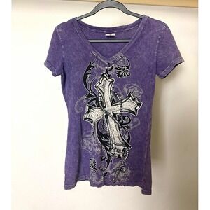 Crystal Saint Y2K Rhinestone Cross Graphic Tee Size L Mineral Wash Purple⁠ edgy